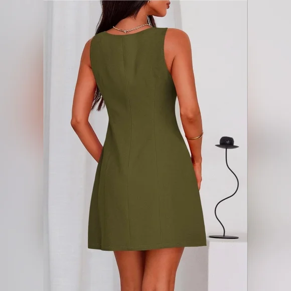 Sleeveless Olive Green Mini Dress with Clean A-Line Silhouette - Picture 2 of 7